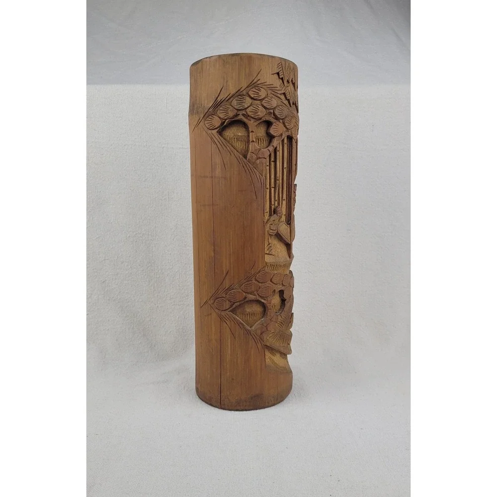 Vintage Hand Carved Bamboo Brush Pot Vase Asian Forest Relief Scene 12 Inch‎
